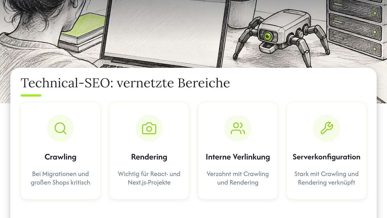 Vier miteinander verbundene Bereiche der technischen SEO
