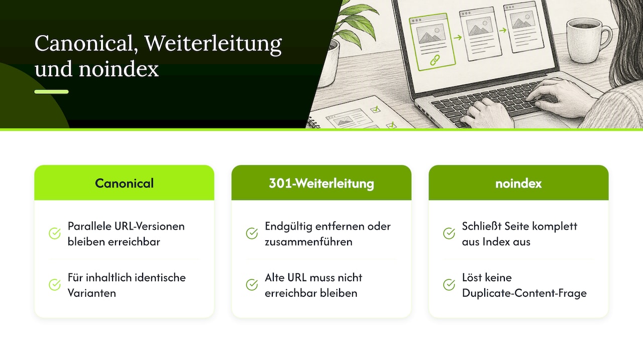 Canonical, Redirect und noindex im Vergleich